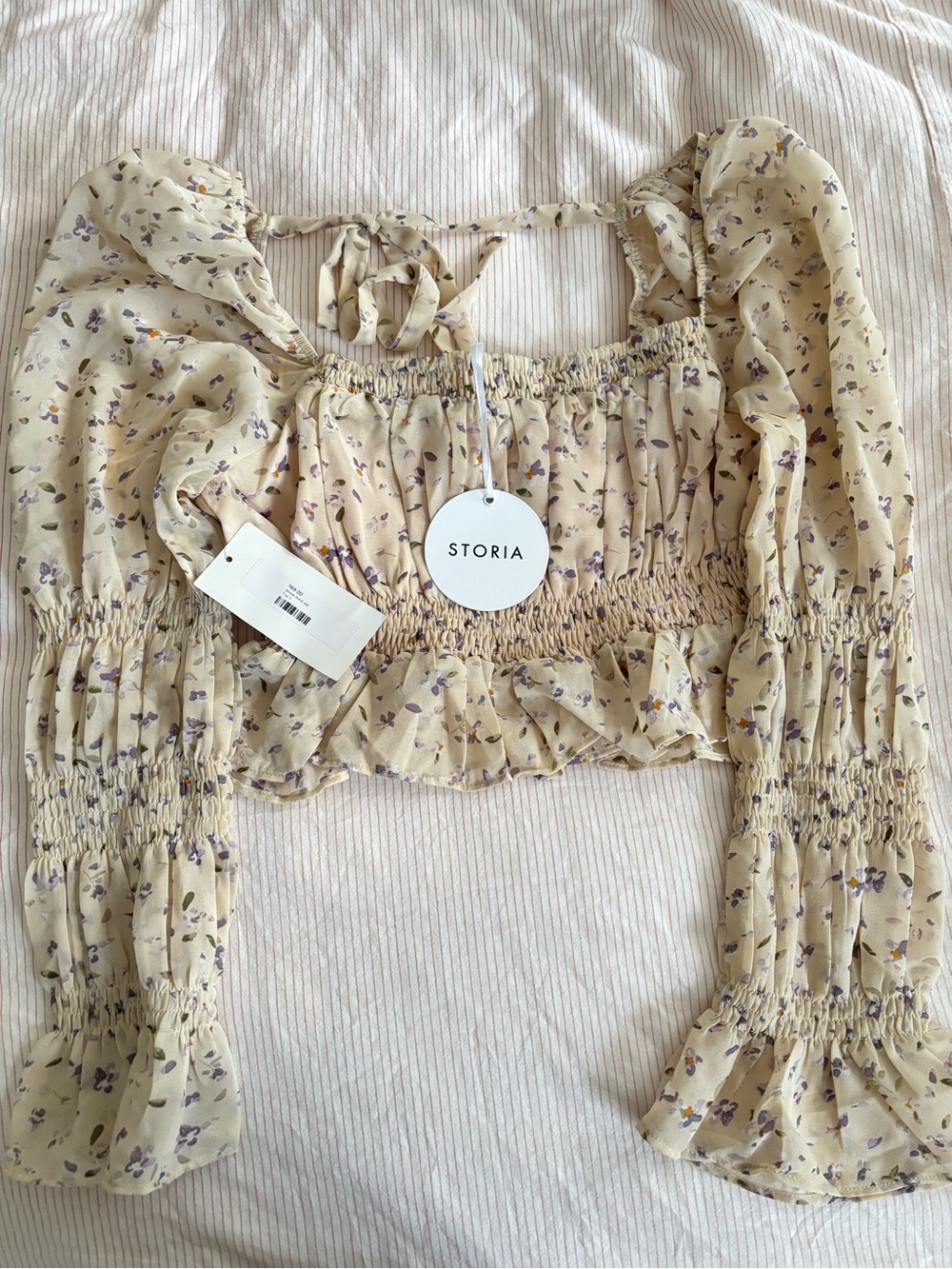 Storia Cream Floral Smocked Long-Sleeve Crop Top with Tie Back